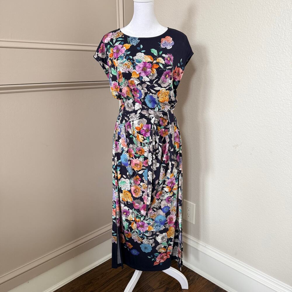Johnny Was Fall Dance Floral Navy Midi Dress Tie Waist Side Slit Small